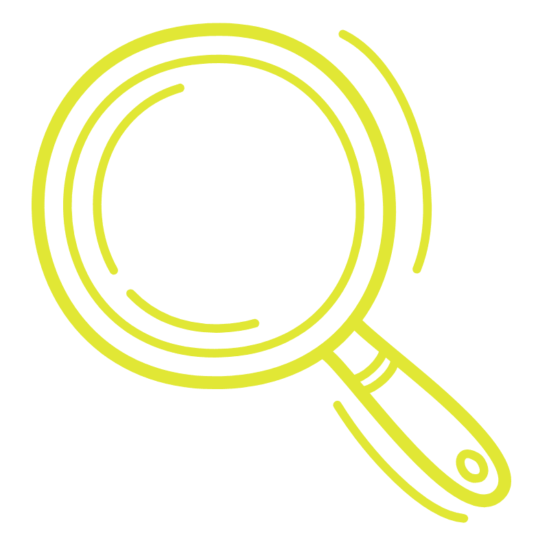 Yellow outline illustration of a magnifying glass with handle, set against a green background
