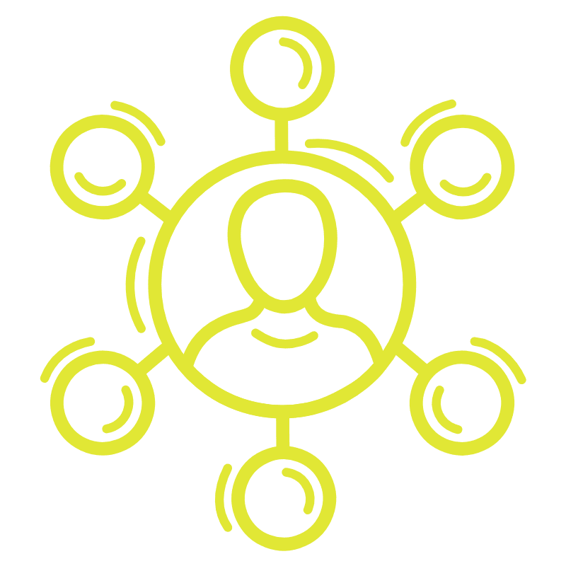 Yellow outline icon of a person at center connected to six surrounding circles, representing a network or social hub.