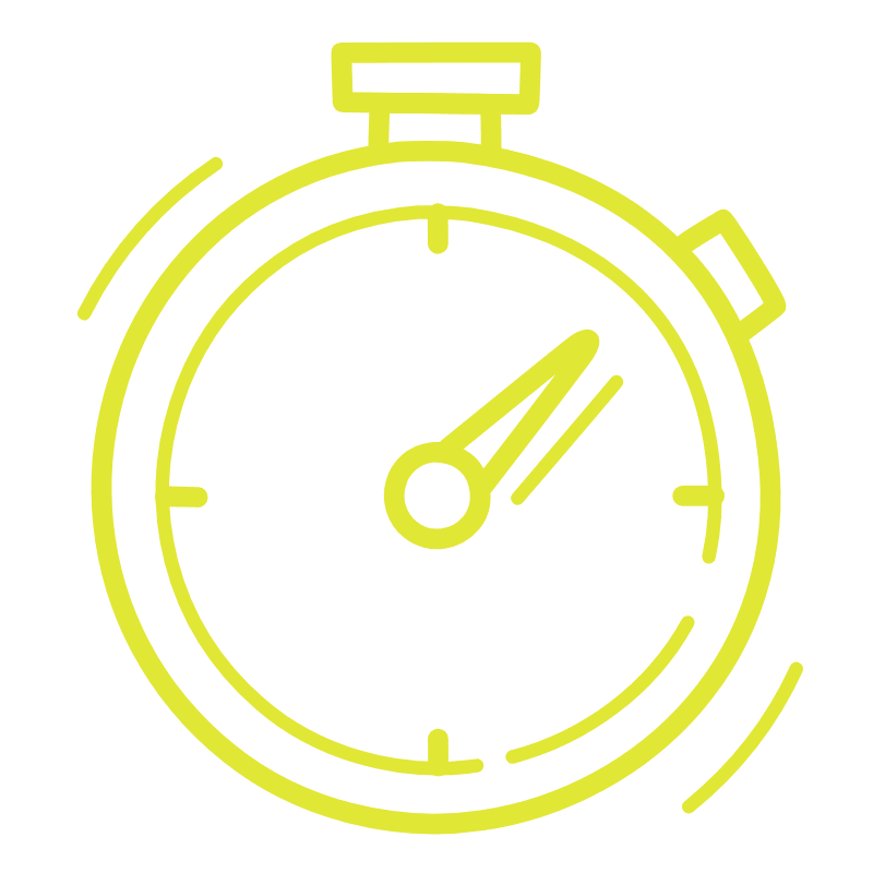 Yellow line drawing of a stopwatch with a ticking hand, set against a solid green background.