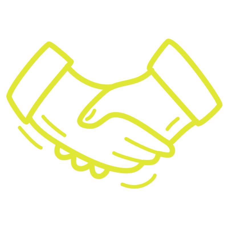 Yellow outline illustration of two hands shaking, representing agreement or partnership, on a solid green background.