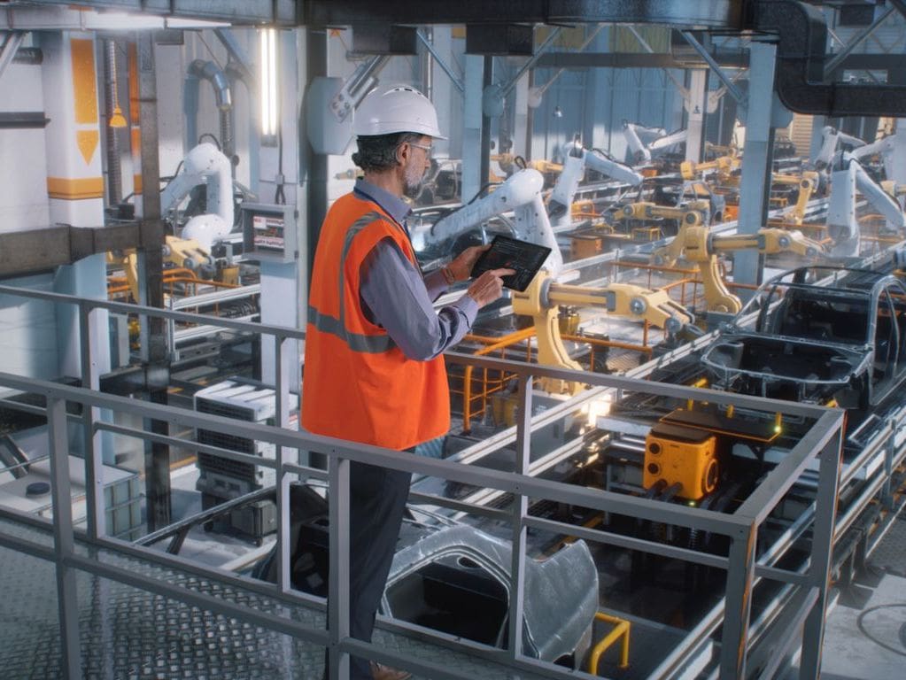 Factory worker in orange safety vest and white hard hat checks a tablet on a platform above an automated car assembly line.