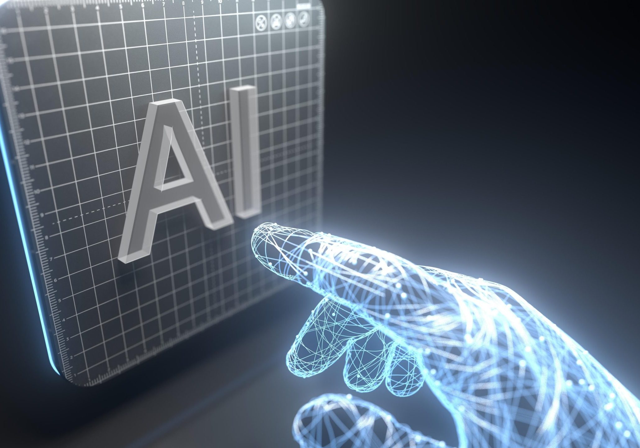 artificial intelligence (ai) and machine learning (ml) Artificial hand pressing AI button