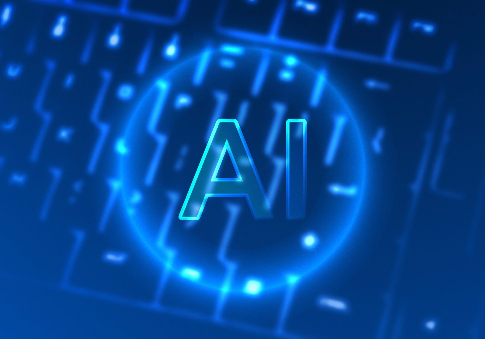 Closeup of a black computer keyboard AI surrounded by neon circle