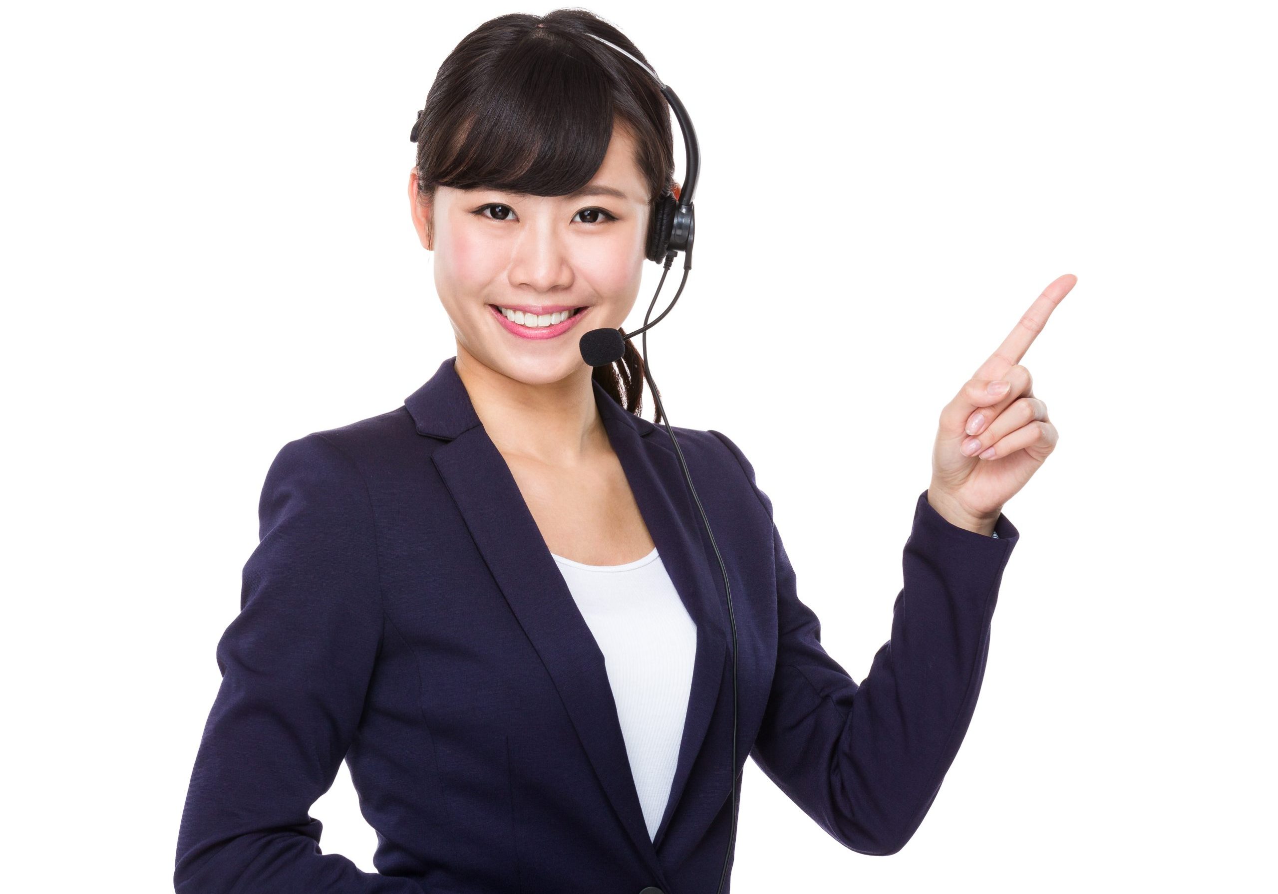 Smiling customer services operator Happy woman wearing a suit and a headset
