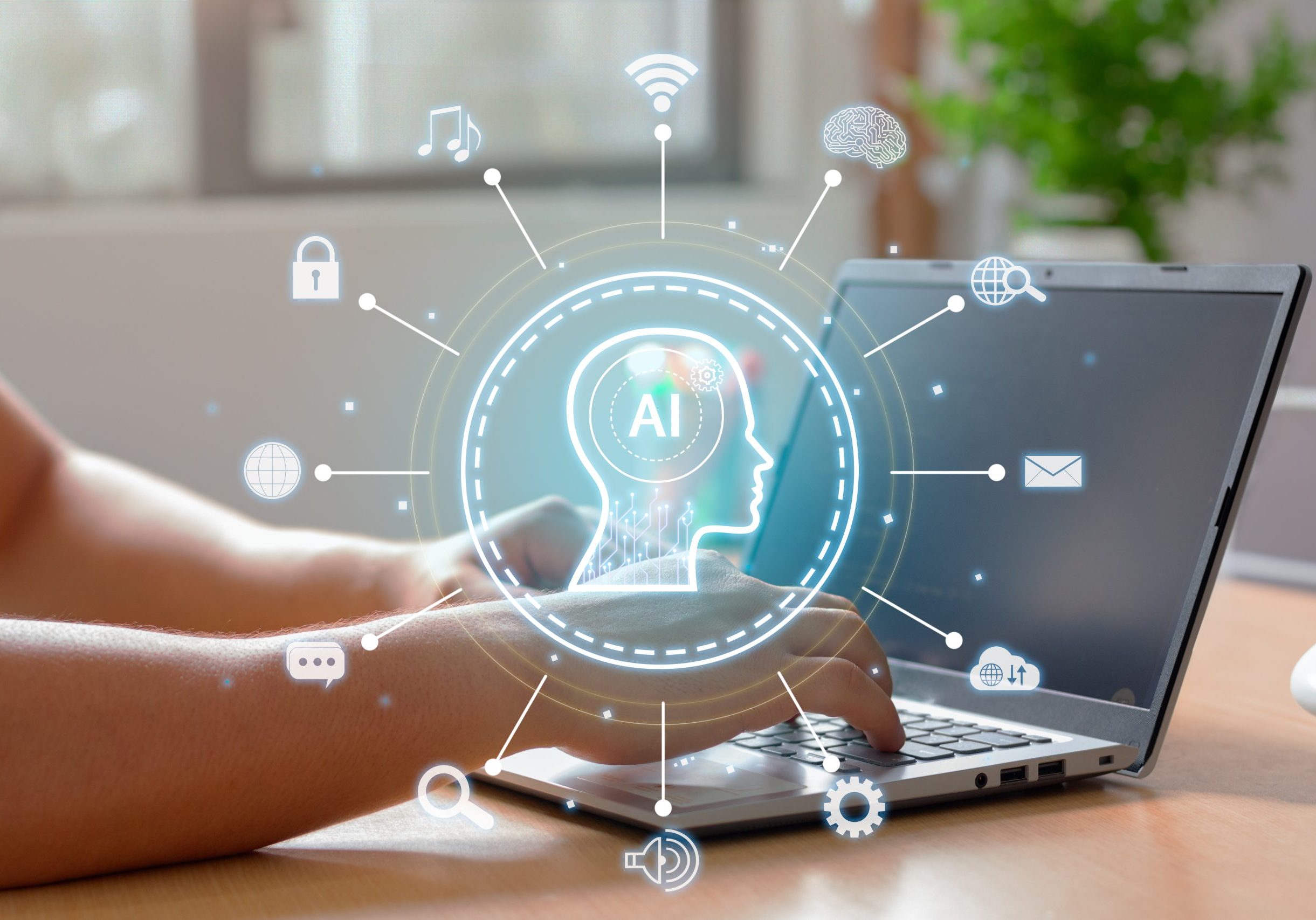 Using the intelligence of a laptop to interact with an artificial intelligence. Innovative automation technology. AI using applications on laptop